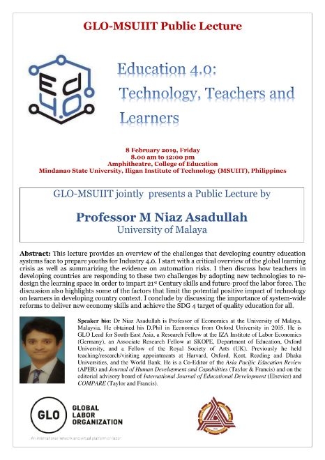 M Niaz Asadullah conducts Public Lecture on “Education 4.0: Technology, Teachers and Learners” on the Philippines.